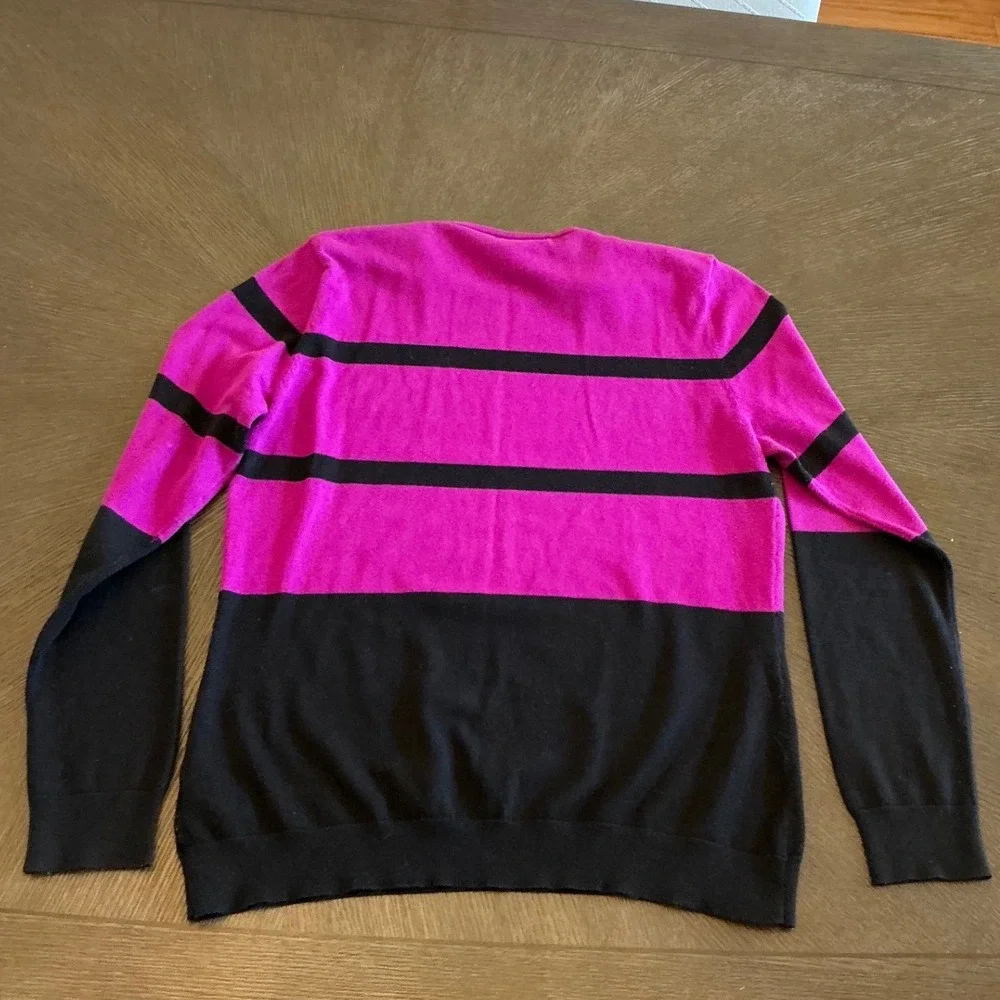 Lauren Ralph Lauren XL Pink Black Striped Gold Zip Shoulder Pullover Sweater